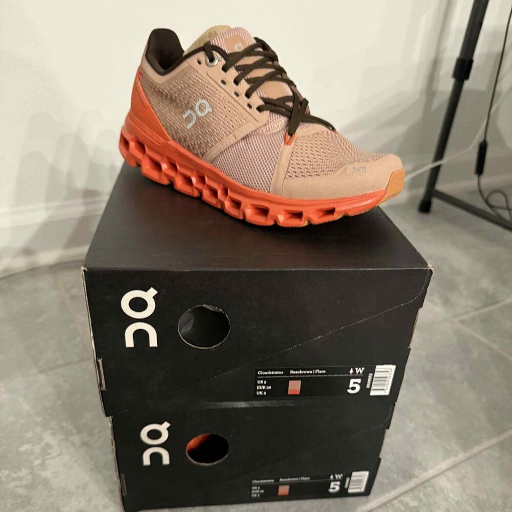 On Running Women's Sneakers in Peach and Orange with Brown Accents